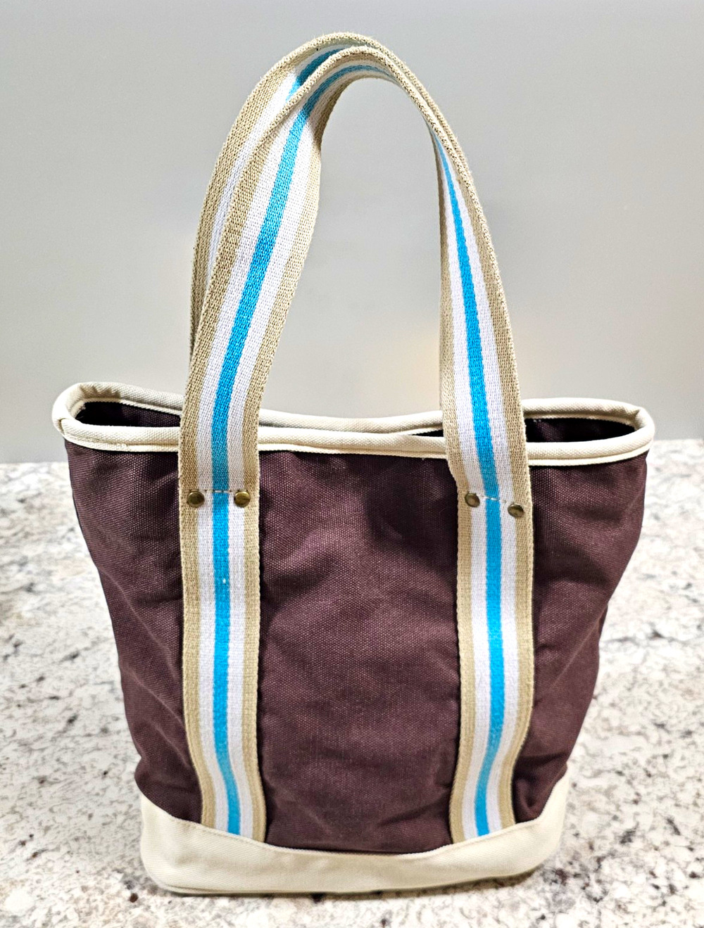 Annabel Ingall Canvas Bucket Tote Bag Brown Cream Striped Webbing Handles Pocket